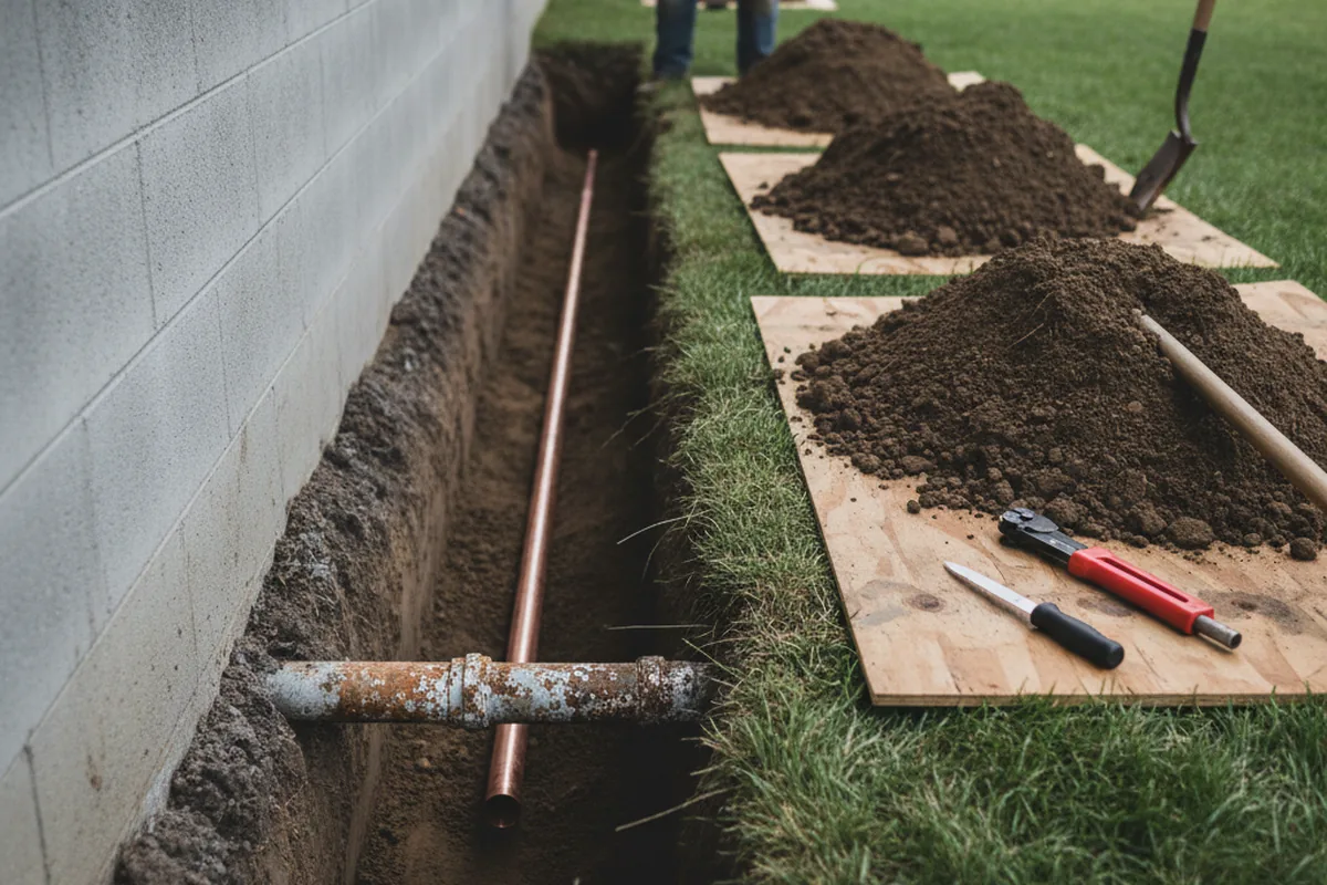 Excavated water line trench during Sewer Line Repair in Jamestown